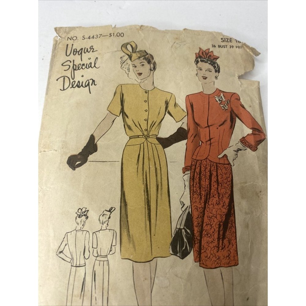 Vogue Special Design 4437 Vintage Sewing Pattern 1930s 1940s Dress Suit Sz 18 - Picture 3 of 5